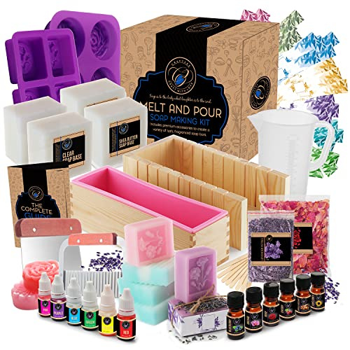 CraftZee Großes Seifenherstellungs-Set – DIY-Sets für Erwachsene und Kinder, enthält Seifenbasis, Seifenschneider-Box, Silikon-Kastenformen, Düfte, Rosenblätter und mehr Schmelz- und Gießseifen-Set