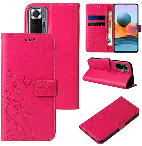 LBH Handy Hülle für Xiaomi Redmi Note 10 Pro Case Handytasche Schmetterling Blumen Flower Standfunktion Schutzhülle Magnet Rundum Schutz 360 Grad Flipcase Cover Pink