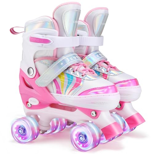 Roller Enfant Fille Patin a Roulette Fille Rollers Quad avec 8 Roues Lumineuses Taille Réglable pour Enfants(M (EU 32-36))