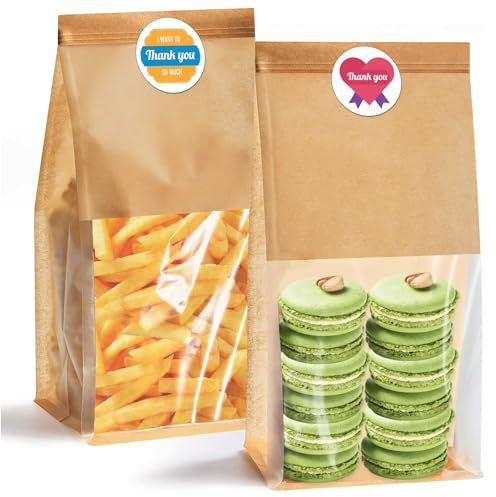 Paquete de 50 bolsas de pan de papel kraft con ventana transparente, bolsas de panadería de 11 x 5.1 x 3.9 pulgadas, bolsas de panadería de estaño, bolsas de pan kraft para embalaje de panes,