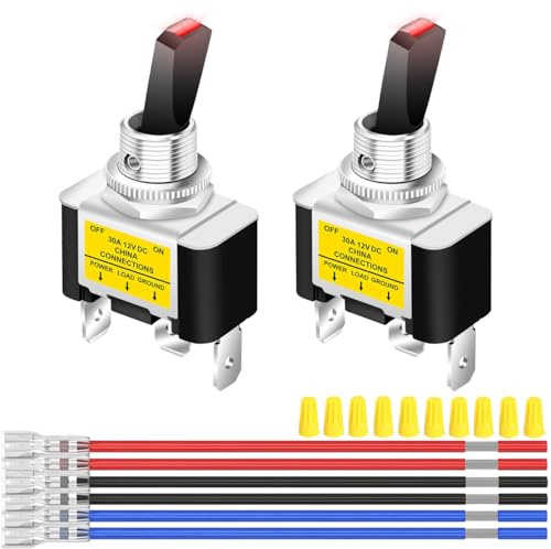 MKBKLLJY 2St. Beleuchteter Kippschalter DC 12V 30A SPST 3polig EIN/AUS Roter LED Schalter mit verriegelten Anschlussdrähten und Kabelkappen für Auto Boot Wohnmobil LED Leuchten Nebelscheinwerfer