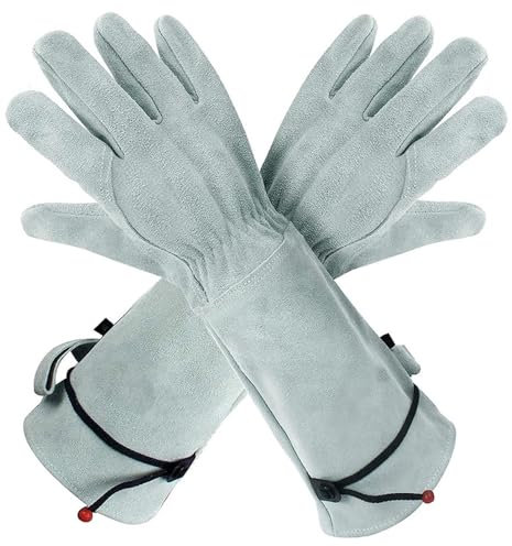 LVYUDS Guantes Trabajo Largos Protección de Brazos Antideslizante Fuerte Agarre Piel de Vaca Guantes Jardineria Recortar Plantar Puños Ajustable Cactus Flores Zarzamora(Gray)