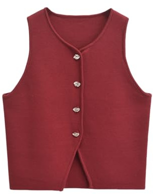 LIUYUYOUGO Tricoté Gilet Gilet Col V Femme Rétro Streetwear Pull sans Manches Gilet Tricoté Boutons Dorés Crop Tops Tendance Slim Cardigan Pull Débardeurs Y2K Gilet Tricoté Pulls Bordeaux Roug
