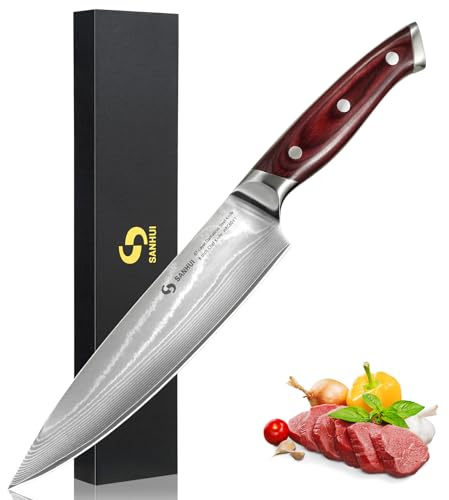 SANHUI Damast Kochmesser 20 cm - 67 Lagen Damaststahl Profi Messer | Pakkaholzgriff, scharf & präzise. Inkl. Geschenkbox. Für Hobby & Profi