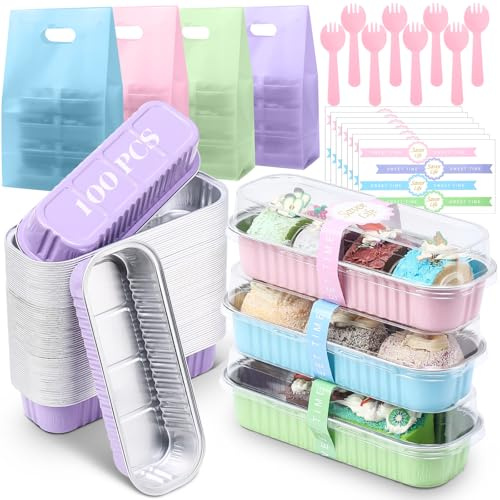 Acellegic 424 Pack Macaron Mini Loaf Pans Set with Lids and Spoons Include 100 Macaron 6.8oz Disposable Aluminum Foil Baking Pans 100 Lids 100 Spoons 100 Sealing Stickers 24 Gift Bags for Dessert Cake