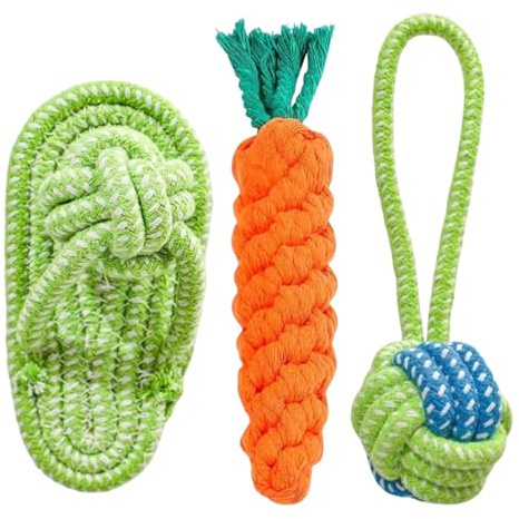 UVJNVLW Pet Rope Toy Set with Cotton Ball and Carrot Design, Green and Orange Braided Chew Toys for Dogs, Interactive Dental Cleaning