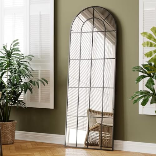 Kdtoll Espejo de Cuerpo Entero 165 x 60 cm, Espejo de Pie con Arco Tipo Ventana y Marco Metálico, Diseño Moderno con Rejilla, Espejos Grandes de Pared Decorativo para Dormitorio, Vestidor y Salón