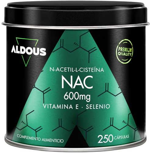 NAC N-Acetil-Cisteina 600mg - 250 Capsule per 250 Giorni - Vitamina E + Selenio - Precursore del Glutatione - Difese Immunitarie e Benessere Vie Respiratorie - Energia -Acetilcisteina - Vegan - Aldous