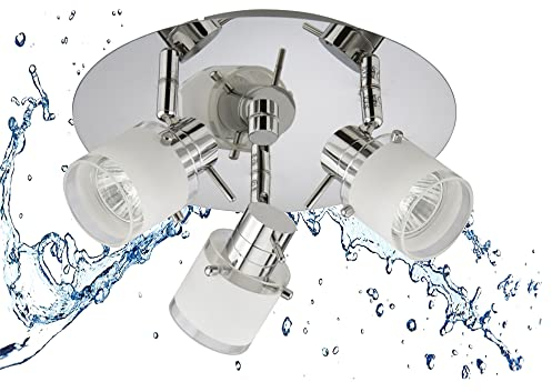 Trango 1006-38R 3-flammig IP44 LED Badleuchte *RONNY* Bad Deckenleuchte mit Glaslampenschirm in Chrom-Optik Rondell, Deckenstrahler inkl. 3x 5 Watt GU10 LED Leuchtmittel, Spots schwenkbar & drehbar