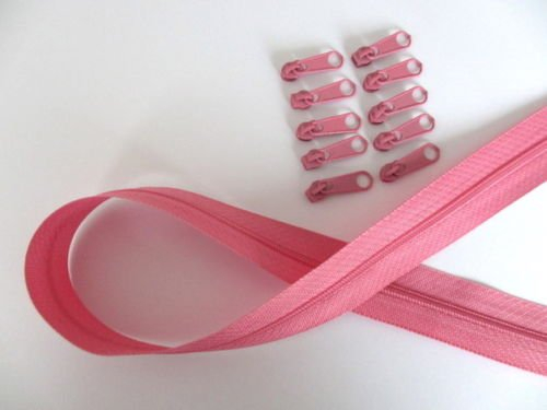 2m Reißverschluss endlos, Spirale 3mm + 10 Schieber-Zipper 33 Farben, Meterware (altrosa)