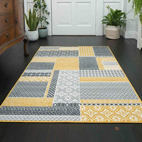 Milan Contemporary Traditional Ochre Yellow Mustard Grey Beige Patchwork Squares Pattern Design Living Room Bedroom Dining Room Area Rug 160cm x 230cm
