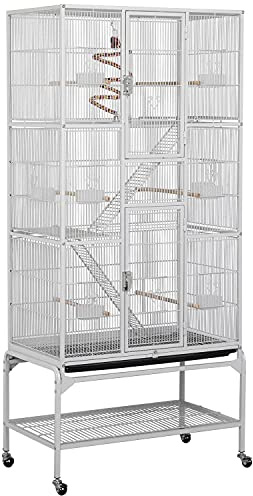 Yaheetech Cage Oiseaux Cage Perroquet Volière Oiseaux Intérieur pour Perruche Calopsitte Conure Canaris avec Pied sur Roulette 77x 46x175,5cm Blanc