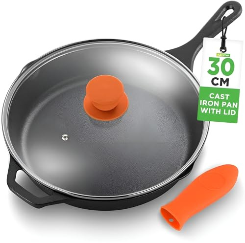 NutriChef Poêle en Fonte 30 cm avec Couvercle - Poêle à Frire/Préchauffée, Compatible Four, Sauteuse Antiadhésive, Poignée en Silicone Isolante, Pour Tous Types de Plaques de Cuisson