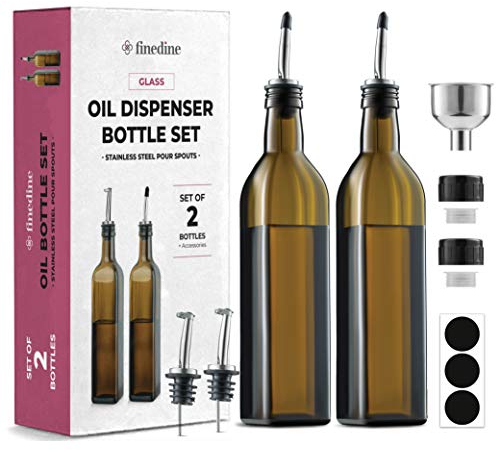Superior Glass Oil Bottle Drizzler - Set Of 2 - 500ml Olive Oil Dispenser Bottle for Kitchen - Refill Funnel, Pouring Spouts & Labels - Lead-Free Glass Oil and Vinegar bottle, BPA-Free Cruet Set