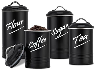 Hillbond Kitchen Canister Set of 4, Airtight Stainless Steel Food Storage Containers with Lids, Flour Sugar Coffee Tea Canisters for Countertop, Metal Kitchen Storage Jars, Black