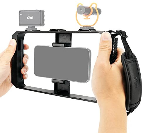 KIWIFOTOS Universal Smartphone Video Rig with Hand Grip Stabilizer Cage for Videomaker Vlog Compatible with iPhone 13 12 11 XS X XR 8+ 8 7+ 7 6S+ 6S Galaxy Mate MI Google Pixel etc. with 55-90mm Wide
