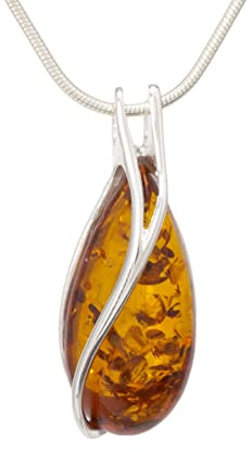 LIGURIUS NATURAL BALTIC AMBER STERLING SILVER 925 NECKLACE Cognac PENDANT Gemstone For Women & Silver Adjustable CHAIN Snake 45cm - 50 cm, Gift set