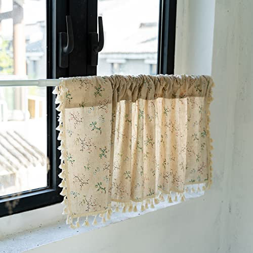 Devola Vorhang im amerikanischen Landhausstil Halbtransparente Leinenoptik Scheibengardine Romantisch Blumenmuster Bistrogardine mit Quaste Kurzer Küchenvorhang Kurzstore HxB 90x100cm Beige 1er Pack
