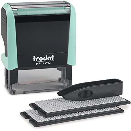 Trodat Printy 4912 Stempelset in Pastell Grün zum Selbersetzen - 4 Textzeilen, Abdruck 47x18 mm, Deutsch, inkl. Pinzette, Stempelkissen schwarz & Buchstaben- und Zahlenset in zwei Größen