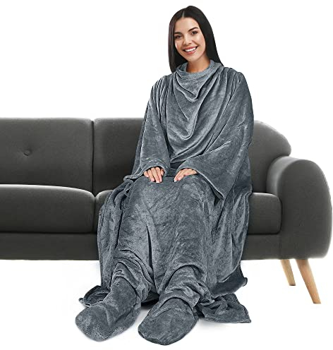 Catalonia Classy Wearable Blanket with Sleeves and Foot Pocket, Soft Fleece TV Blanket Winter Gift for Family, Soft Blankets for Adults, 190 x 135 cm, Grey