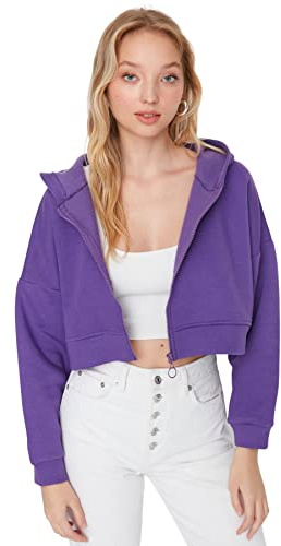 Trendyol Felpa Aderente Tinta Unita con Cappuccio Maglia di Tuta, Viola, L Donna