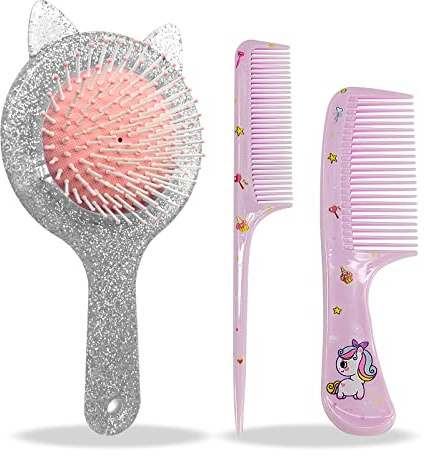 Spazzola per Capelli Bambina e Set di Pettini per Ragazze Capelli Bagnati e Asciutti 3pcs (Argento)