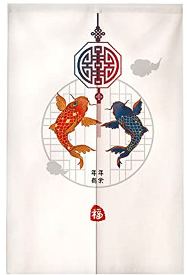 Surwin Stile Cinese Noren Giapponese Tenda da Porta in Lino, Giapponese Noren Divisorie Lunga Tappezzeria per Finestra Cucina Ristorante Negozio Doorway Decorazione (70x120cm,Koi Rosso)