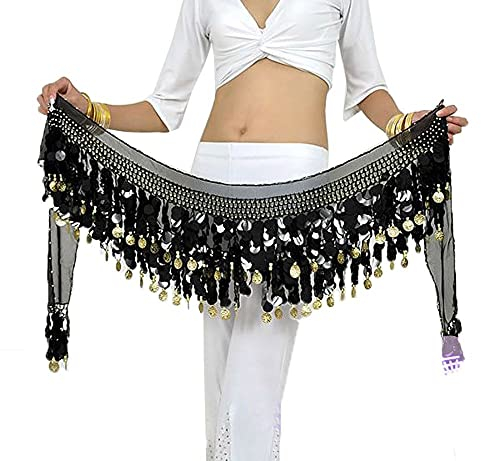 Rubruan Bauchtanz Hüfttuch Taillenkette Gürtel – Professionelles Tanzkostüm Sexy Tanzkleid Rock Outfit Zubehör mit 88 Münzen Pailletten Hüftschal für Damen Mädchen Doppellagig – 160 cm