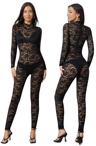 MAHUAOYIXI Combinaison Femme Élégante Jumpsuit Manches Longues Broderie Floral Transparent Creux Combinaison Dentelle Bodysuit Sexy Bodycon Rompers