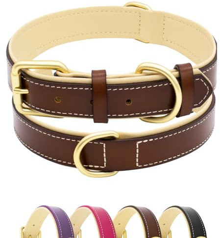 Furry friends Hundehalsband Leder, Robust Echtes Lederhalsband, Weich Gepolstert Hundehalsband für Großen, Mittelgroße und Kleinen Hund(Braun, L- 47-57cm)