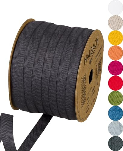 Halbach Baumwollband, 10 mm x 30 m, dunkelgrau | Webband aus 100 % Baumwolle, Meterware zum Basteln, Dekorieren und Nähen