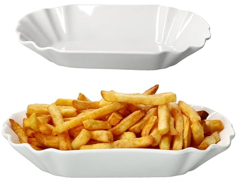 MamboCat 2er Set Fries Pommesschale I ovale weiße Currywurstschale aus Porzellan I Snackteller mit Relief für Beilagen, Würstchen, Pommes & Nuggets I Wiederverwendbare Servierteller