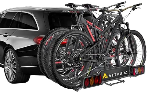 ALTHURA Portabici da Gancio Traino per 3 Bici (Max 60kg, 20kg/Bici) | Omologato CE, Basculante con Pedale, Antifurto, per Bici Fino a 29 (Interasse 1250mm) | Barra Fanali 13 Poli Inclusa