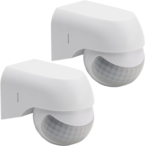 Greluma 2 St IP44 inomhus/utomhus vattentät PIR infraröd rörelsesensor, detektionsområde upp till 12m vid 180°, AC 220-240V vitt hölje