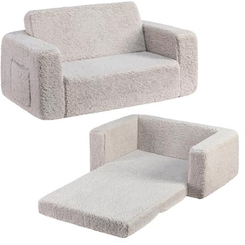 BEJOY Kindersofa, extra breite 2-in-1-Kleinkind-Sherpa-Couch zum Ausklappen, umwandelbar in EIN Kinderbett oder eine Liege für Mädchen und Jungen, hellgrau