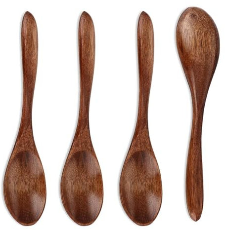 WeddHuis 4 Pezzi Cucchiaio in Legno Fatto a Mano, Cucchiaio da Miele, Piccolo, Nanmu Naturale, Cucchiaio da Zuppa, Mescolare, Cucina, Accessori da Cucina (Marrone)