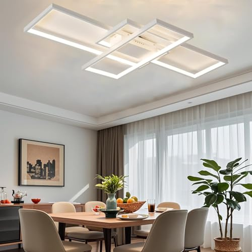 MQW Plafond LED Salon Simple Plafonnier Contemporain Atmospheric Plafond Rectangulaire Lampe Chambre en Aluminium Acrylique Projecteur Gradation Continue avec Télécommande,Blanc,L80cm