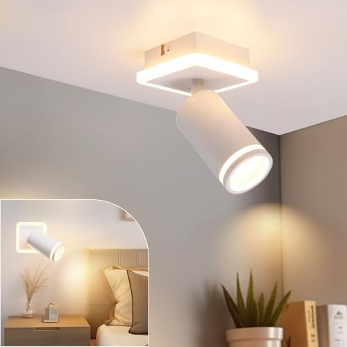 URing LED Deckenstrahler 1 Flammig Weiß - Schwenkbar 350°, inkl. GU10 LED | Spots Deckenleuchte Rund Deckenlampe strahler Wandstrahler mit unteres Glühen 4W+5W GU10 Deckenspots 3000K Warmweiß Küche