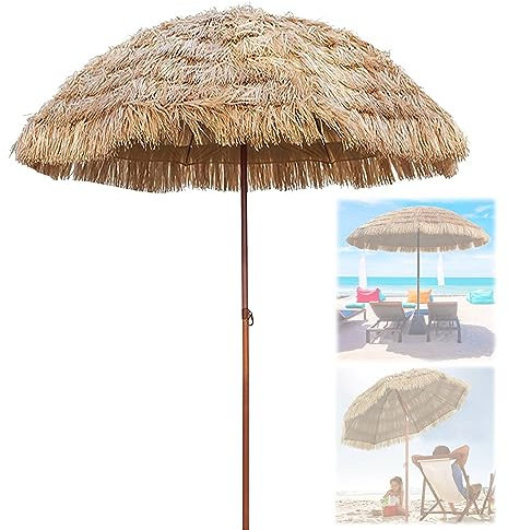 Ombrellone da spiaggia in paglia in stile hawaiano, 2 m, per patio, giardino, piscina, pieghevole, parasole Tiki in colore naturale