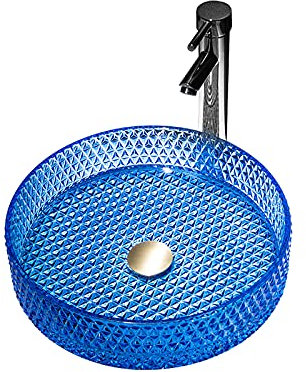 Glaswaschbecken, zylindrisches Badezimmerwaschbecken, künstlerisches transparentes Waschbecken, Aufsatzwaschbecken, Waschtisch-Aufsatzwaschbecken mit Messinghahn, Pop-Up-Ablauf, Befestigungsring (Blau