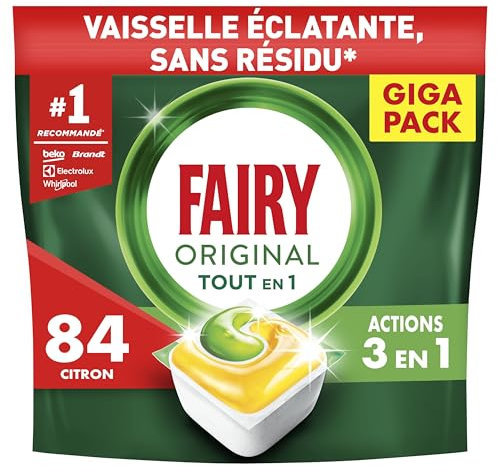 Fairy Original Tablettes Lave-vaisselle Tout-en-1, 84 Tablettes, Parfum Citron, Efficaces Contre La Graisse Incrustée, Dissolution Ultra-Rapide, Sans Odeur ni Résidus