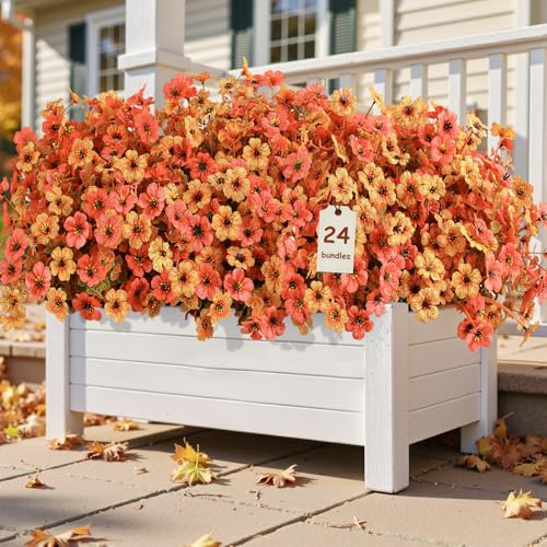 Alupssuc 24 Bundles Autumn Artificial Flowers Outdoor Decorations, Silk Violet Plastic Fake Flower Plants for Hanging Baskets Garden Porch Window Home Vases Wedding Farmhouse Decor, Orange and Red