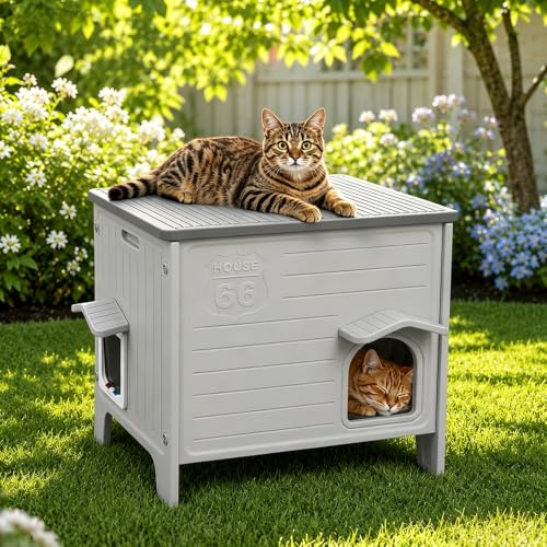 HiCaptain Caseta resistente al invierno para gatos al aire libre, de plástico para gatos callejeros, caseta para gatos al aire libre, refugio para cachorros para animales pequeños y medianos, parque