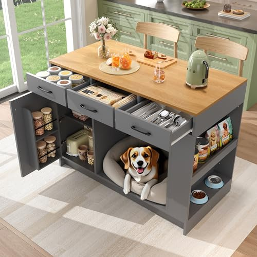 Soweiz Isla de cocina con cajón y estante para especias, armario de cocina con zona para mascotas, carrito de cocina con zona de descanso para mascotas, 120 x 60 x 90 cm (madera-gris)
