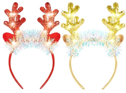 Meleager 2 Stück Geweih Haarreif mit LED,Weihnachten Beleuchtete Stirnbänder,Weihnachtsgeweih Rot und Gold,Weihnachts Haarschmuck,Stirnbänder für Weihnachtsfeiern accesso ires