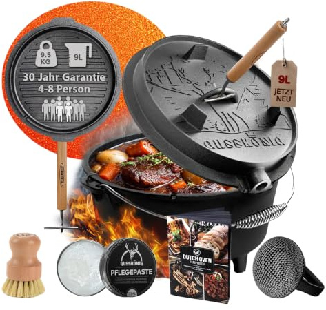 GUSSKÖNIG Dutch Oven Set–Eingebrannter Dutch Oven 9L[4-8 Person]- Feuertopf Gusseisen mit Füße–Schmortopf Doppelfunktion–2in1 Deckelheber, Schrubber, Pflegepaste, Bürste & Rezeptbuch-30 Jahre Garantie
