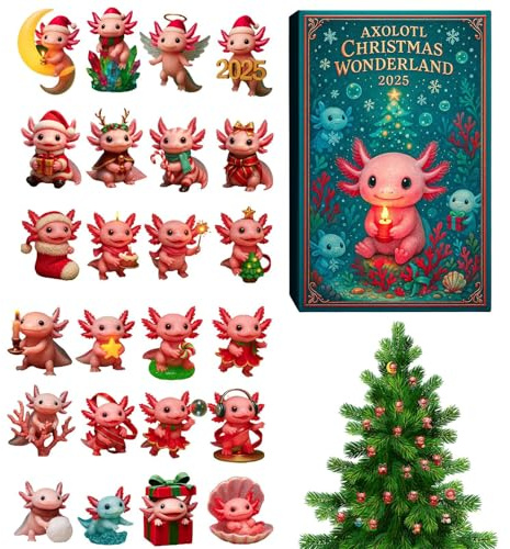 Axolotl Wonderland Calendarios de Adviento 2025, 24 días de acrílicos 2D de árbol de salamandra, instrumentos de ajolote, calendario de cuenta regresiva de Navidad para pared, ventana y