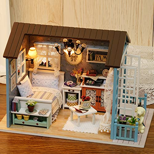 Fesjoy DIY Miniatyr Dollhouse Kit Realistisk Mini 3D Trähus Rumspyssel för Barn Födelsedagspresent, LED-lampor Ingår