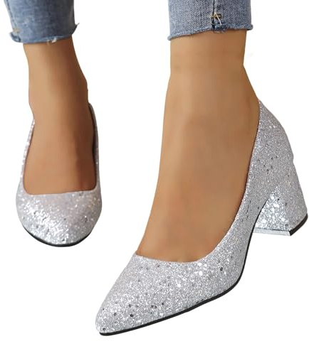 EQWIGKEIT Scarpe glitterate Donna Pumps Con Tacco Stiletto Chiuso Scarpe da ballo Comode Scarpe da Sposa Elegante Tacco a Blocco Scarpe da Sposa Festive Scarpe da ballo