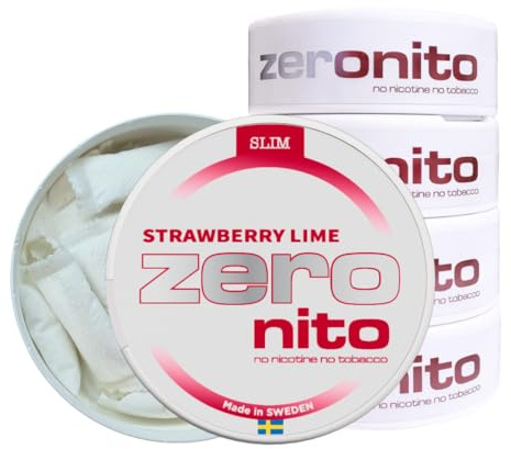Zeronito Koffeinfria och Nikotinfria Slim White Pouches 20 påsar per Burk (5-pack, Strawberry Lime)